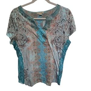 Vintage Y2K Emerge World Wear Women Blue Paisley Beaded Short Sleeve Tunic Top L